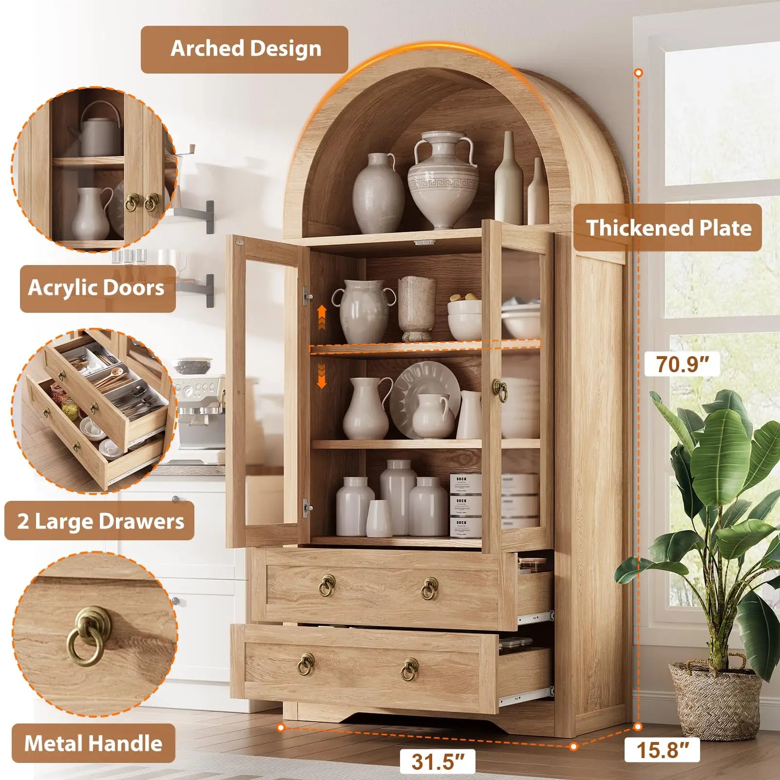 ArchiPan™ 72" Kitchen Pantry Cabinet – Arched Bookshelf & Storage Bookcase for Kitchen and Dining Room