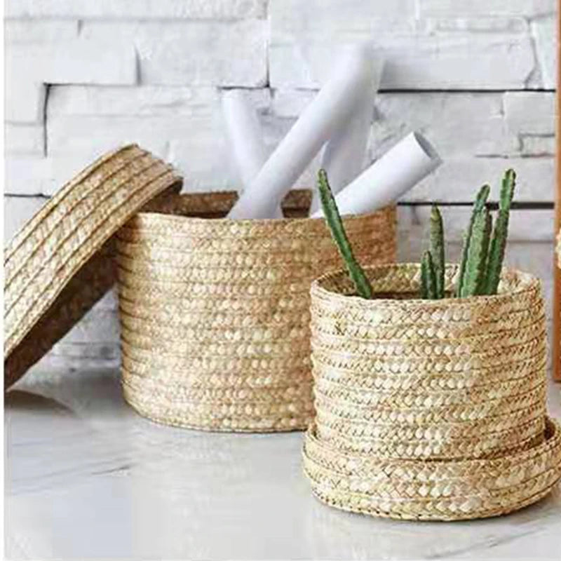 Zerolife® Desktop Storage Basket – Straw Woven Organizer with Lid, Multipurpose Snack & Toy Box, Handmade Gift Box