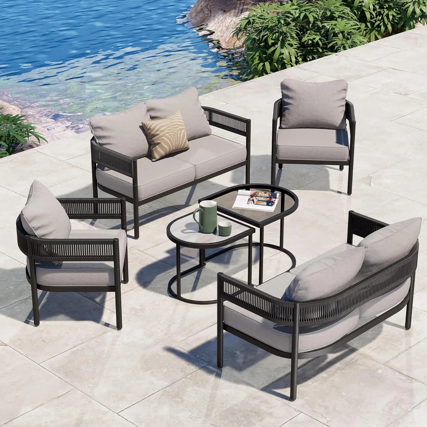 BeigeNest™ 6-Piece Wicker Outdoor Furniture Set Patio Sofa Conversation Set with Thick Beige Cushions & Coffee Table