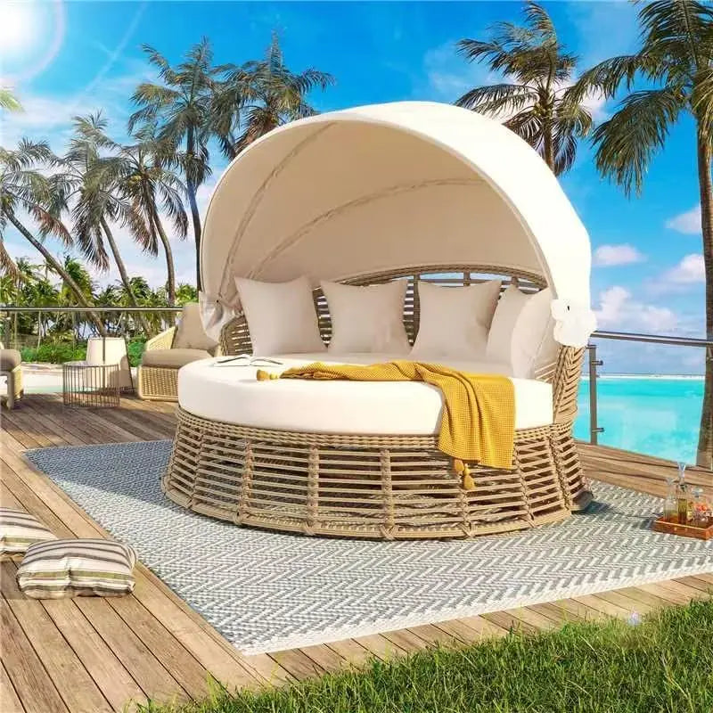 Solara™ Round Rattan Daybed Outdoor Wicker Sunbed with Retractable Canopy & Removable Cushions — Perfect for Backyard, Porch & Lawn