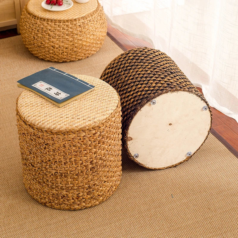 Rattoria® Creative Rattan Ottoman – Japanese Style Woven Straw Round Table & Sofa Stool for Living Room, Balcony & Tea Corner Decor