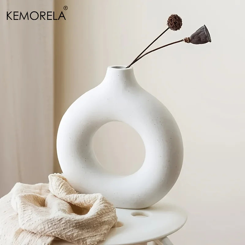 KEMORELA Nordic Style Ceramic Donut Shaped Vase Hollow Circular Flower Pot for Home Living Room Office Desktop Decorative Accessory Gift