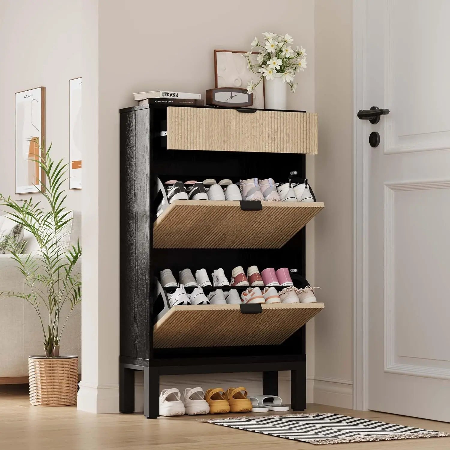 Farmhouse™ Slim Shoe Cabinet – 2 Flip Drawers, Freestanding Narrow Shoe Rack for Entryway & Hallway Storage