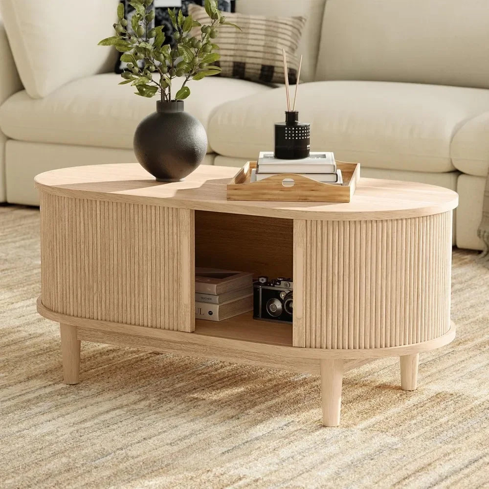 MidCentury™ Oval Coffee Table – Modern Fluted Center Table with Sliding Tambour Door & Storage