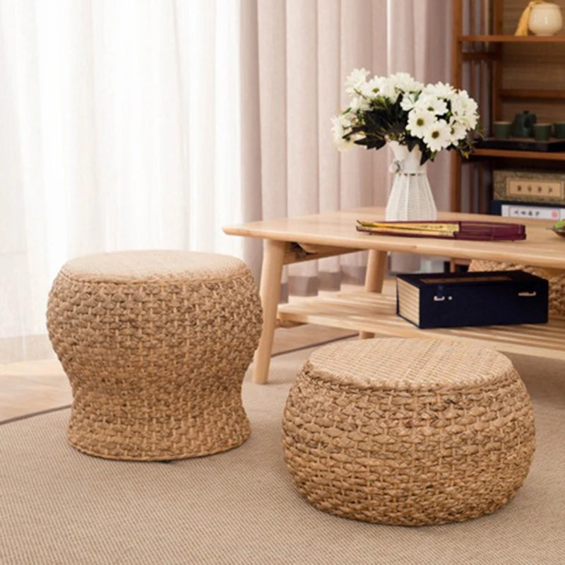 Rattuno Portable Round Rattan Stool – Kitchen, Hallway, Bedroom Footrest, Shoe Changing Ottoman, Low Living Room Seat