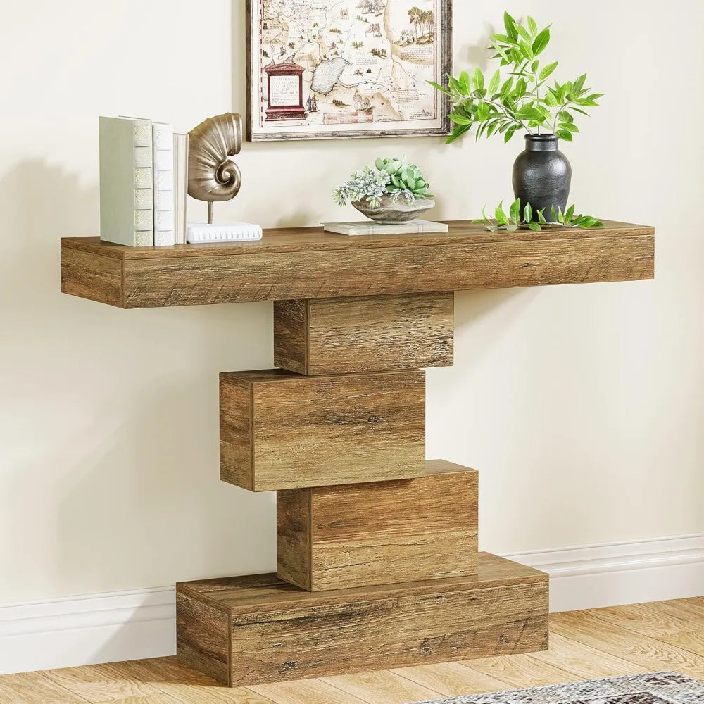 GeoWood™ 42.5" Farmhouse Console Table – Narrow Sofa Table with Geometric Base, Industrial Entryway Accent