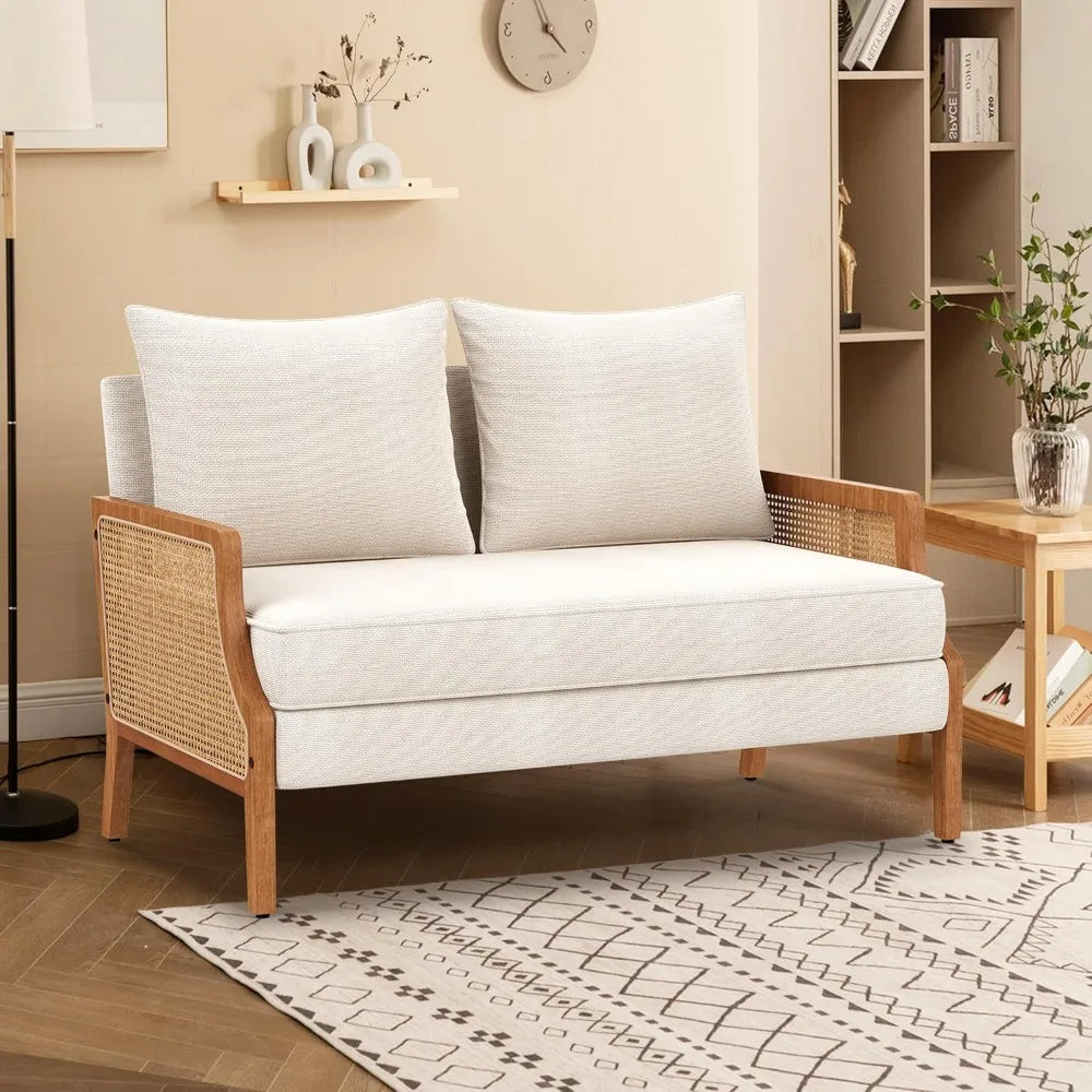 RattaLoom™ 45" Beige Loveseat Sofa Modern Upholstered Mini Linen Couch with Natural Rattan Arms — Compact Settee Bench for Stylish Spaces