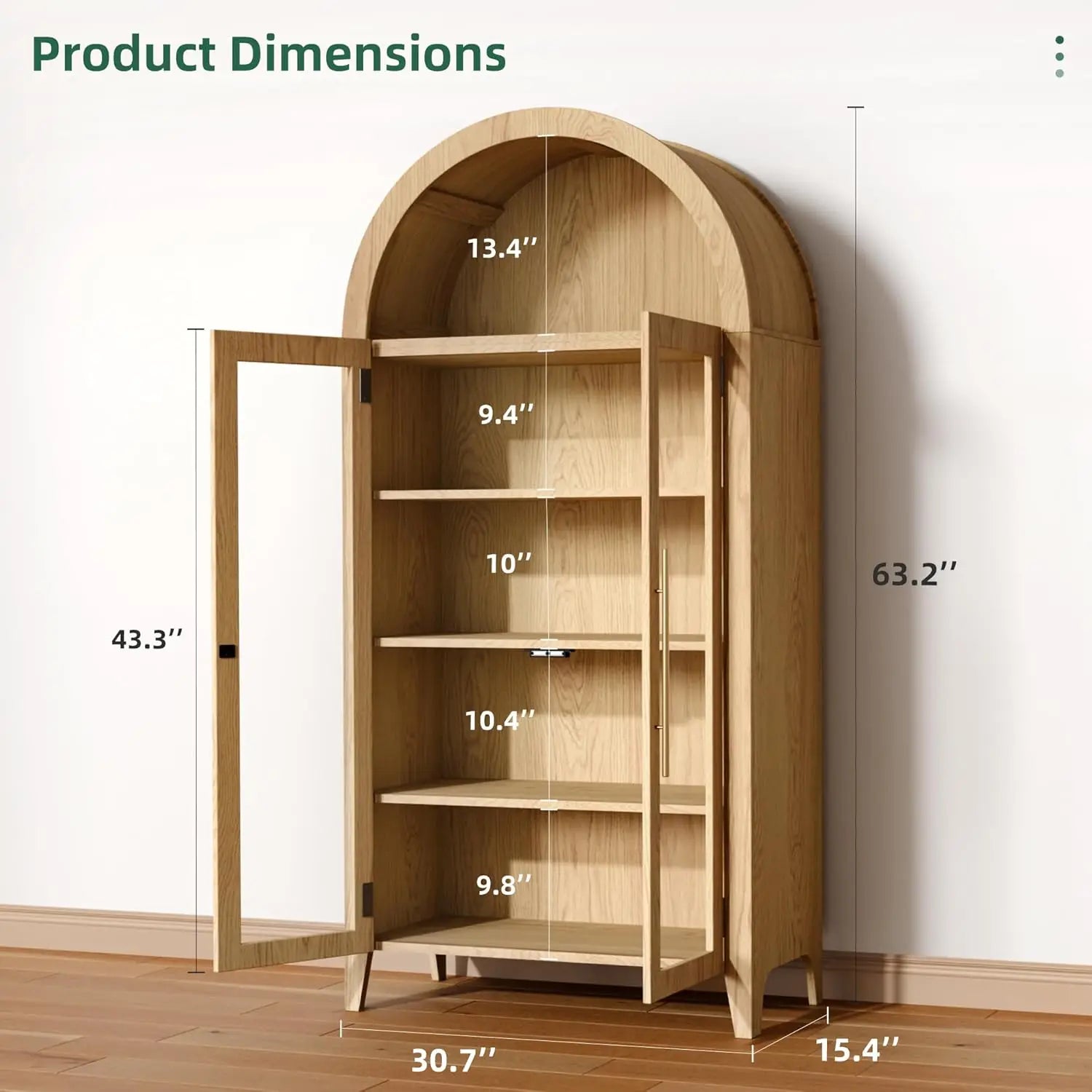 Archedon™ 63" Arched Display Cabinet – 5-Tier Glass Door Bookcase with Adjustable Shelves for Living & Dining Room