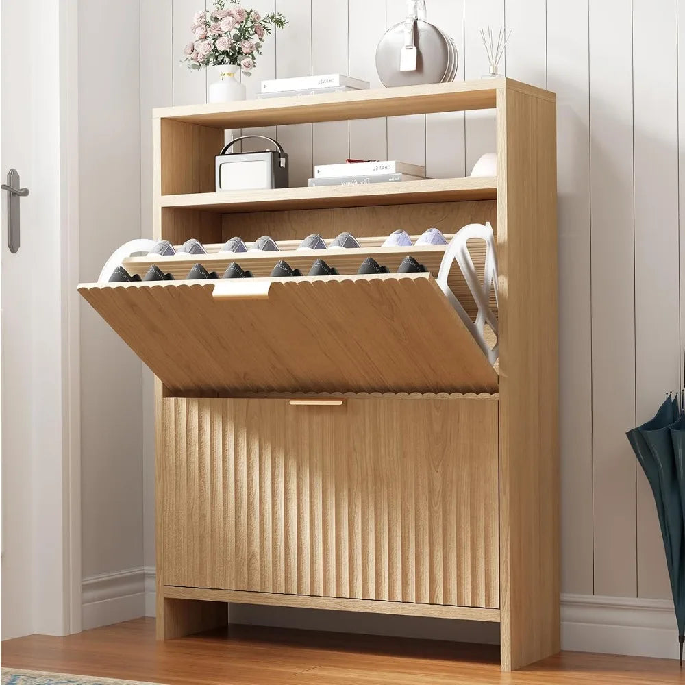 SlimStep™ Narrow Modern Shoe Organizer – Freestanding Fluted Cabinet with 2 Flip Drawers, Perfect for Entryway & Hallway Storage