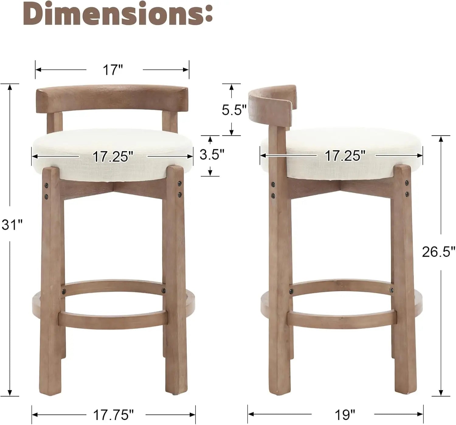 NaturWood™ Upholstered Low Barstools 26.5” Seat Height – Round Low Back Kitchen Stools with Footrest and Natural Wood Legs