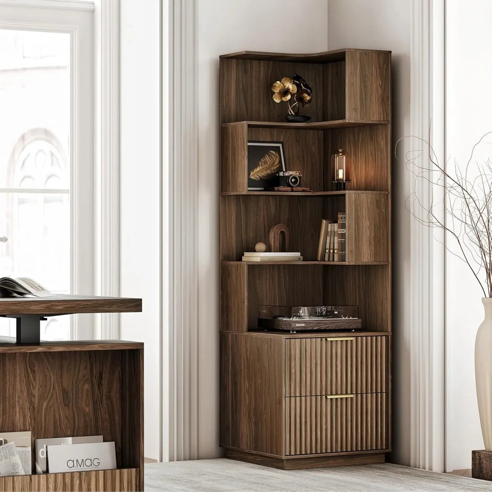 FLUTTERA™ – 5-tier fluted corner bookshelf with drawers and storage display rack, 71” tall for stylish organization