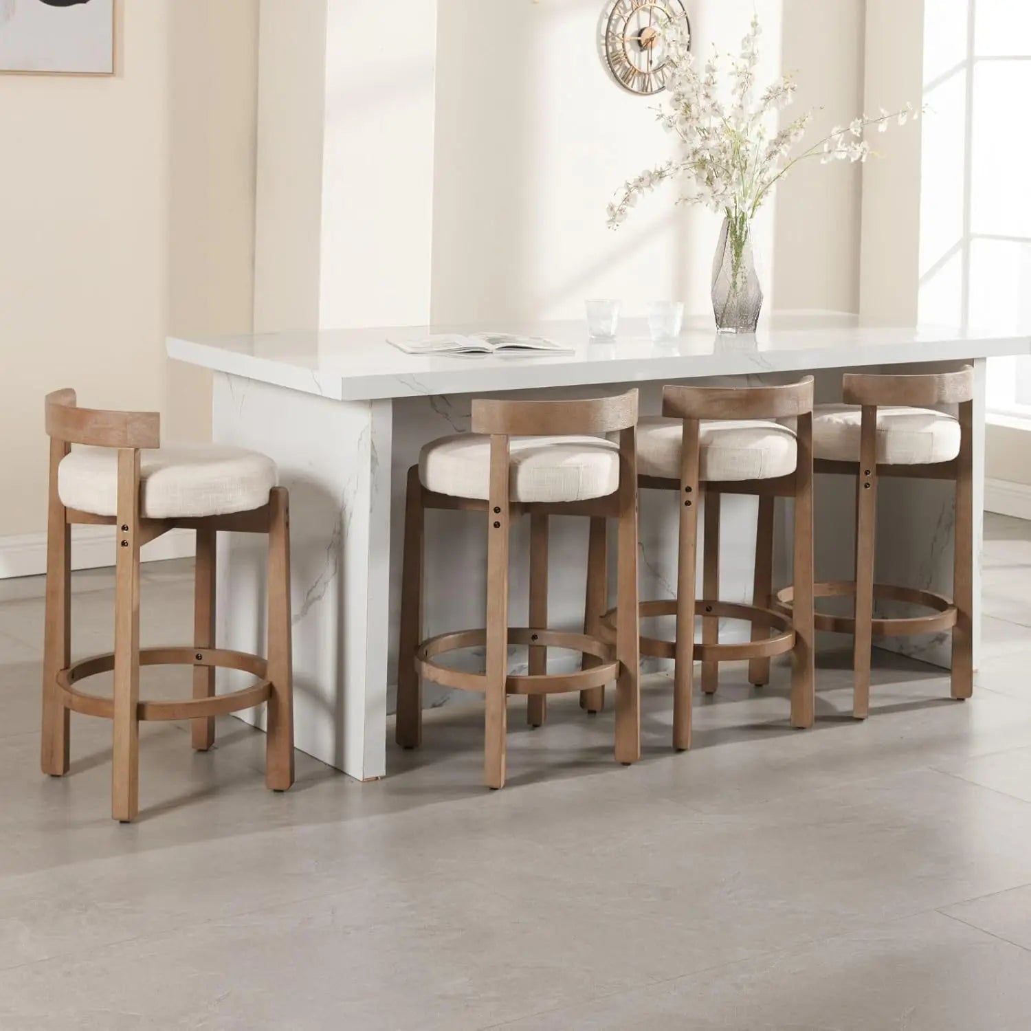 NaturWood™ Upholstered Low Barstools 26.5” Seat Height – Round Low Back Kitchen Stools with Footrest and Natural Wood Legs