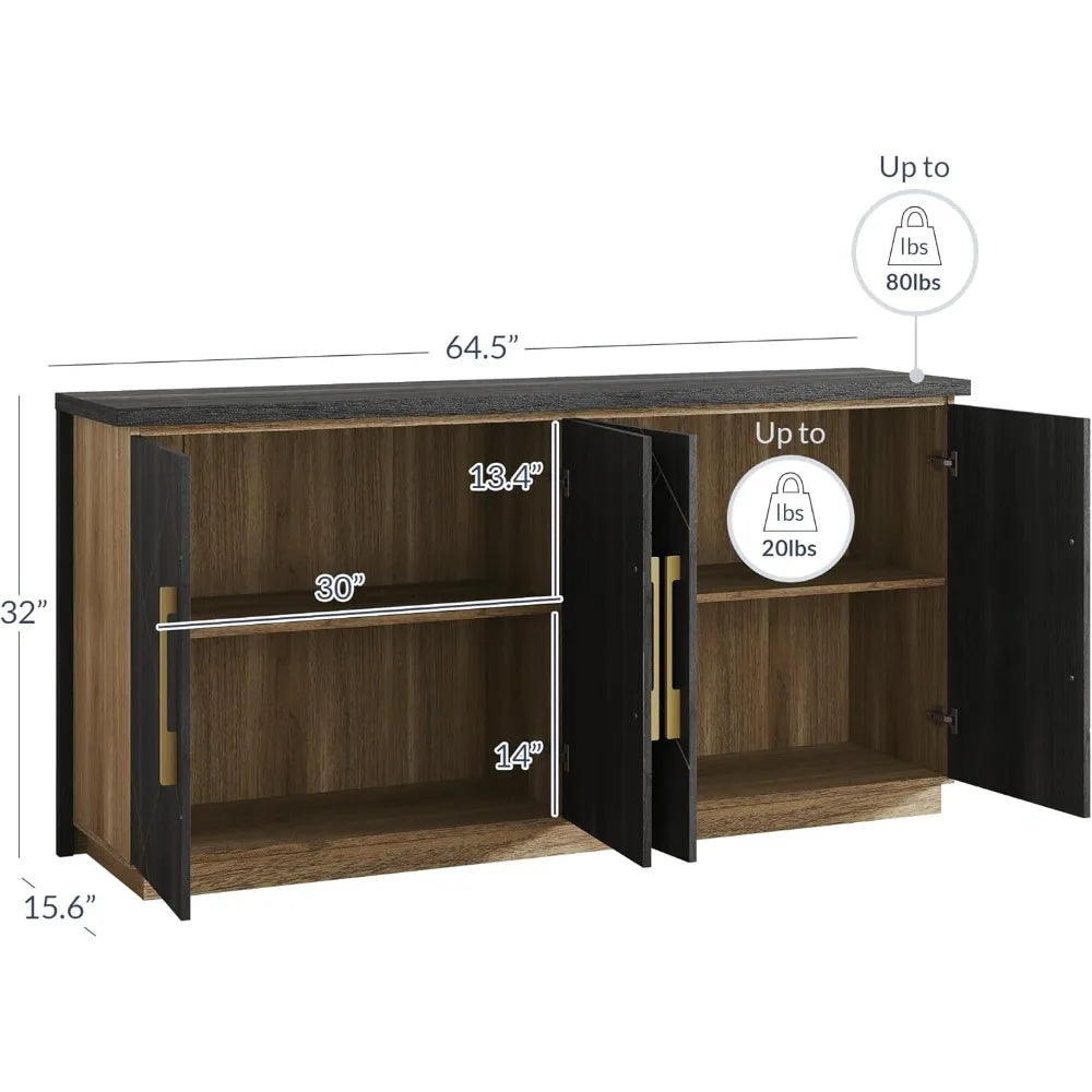 Kiara™ 65" Buffet Sideboard Cabinet – Modern Storage Console with Gold Trim & Decorative Doors