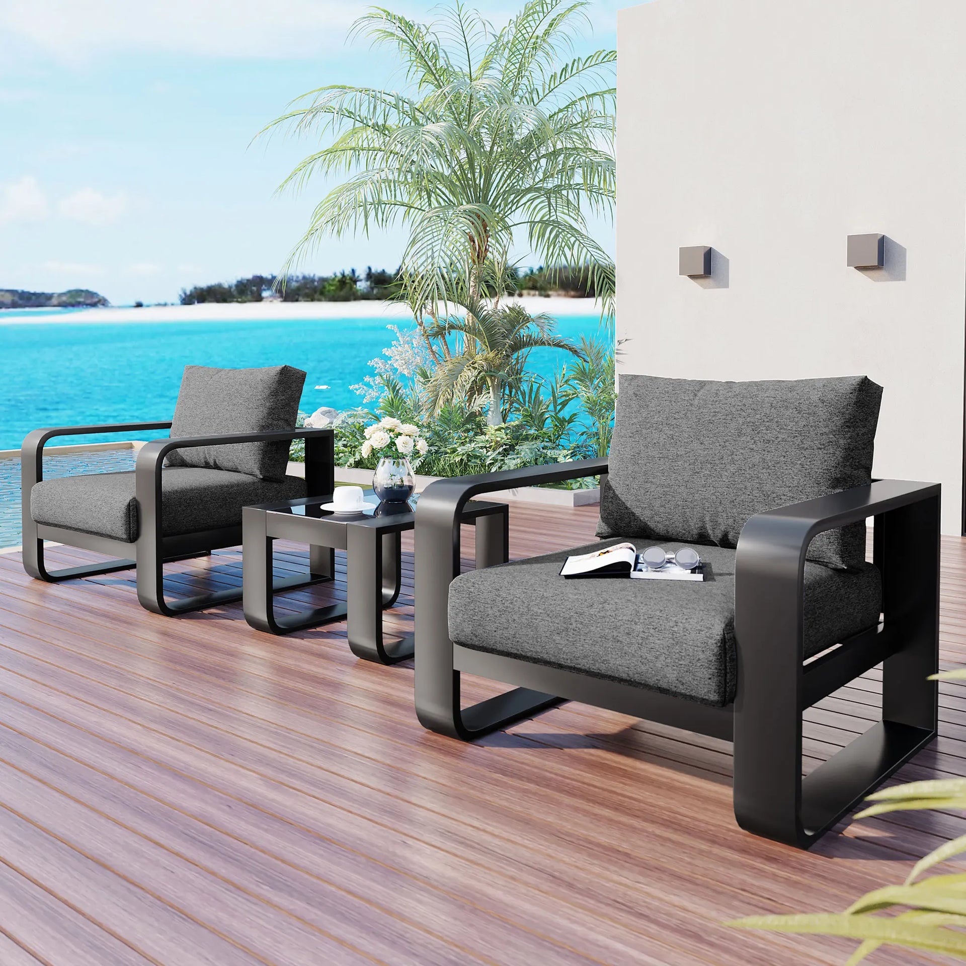 AluComfort™ 3-Piece Patio Furniture Set Aluminum Frame with 6.7" Thick Olefin Cushions & Coffee Table — All-Weather Outdoor Use