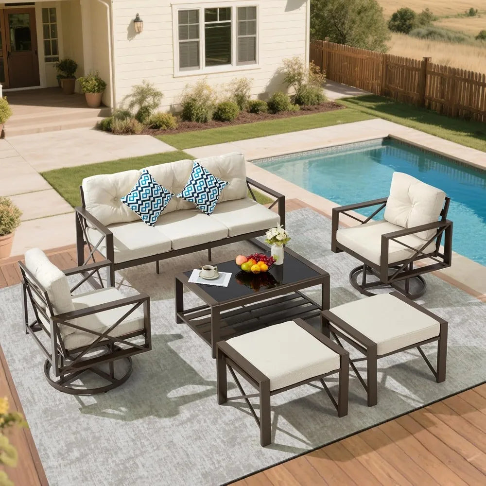 MetroSwivel™ 6-Piece Metal Patio Furniture Set Outdoor Seating with Swivel Chairs & Ottoman — Perfect for Porch, Deck & Bistro