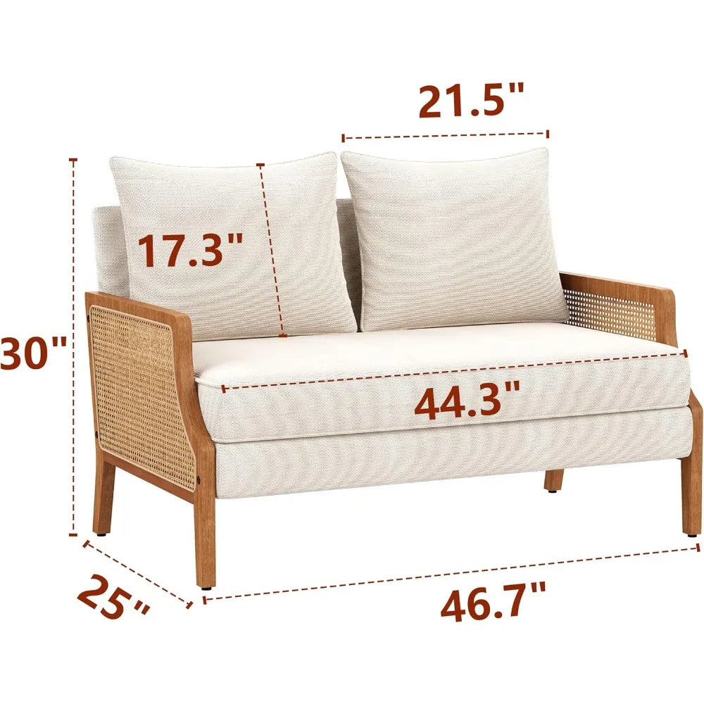 RattaLoom™ 45" Beige Loveseat Sofa Modern Upholstered Mini Linen Couch with Natural Rattan Arms — Compact Settee Bench for Stylish Spaces