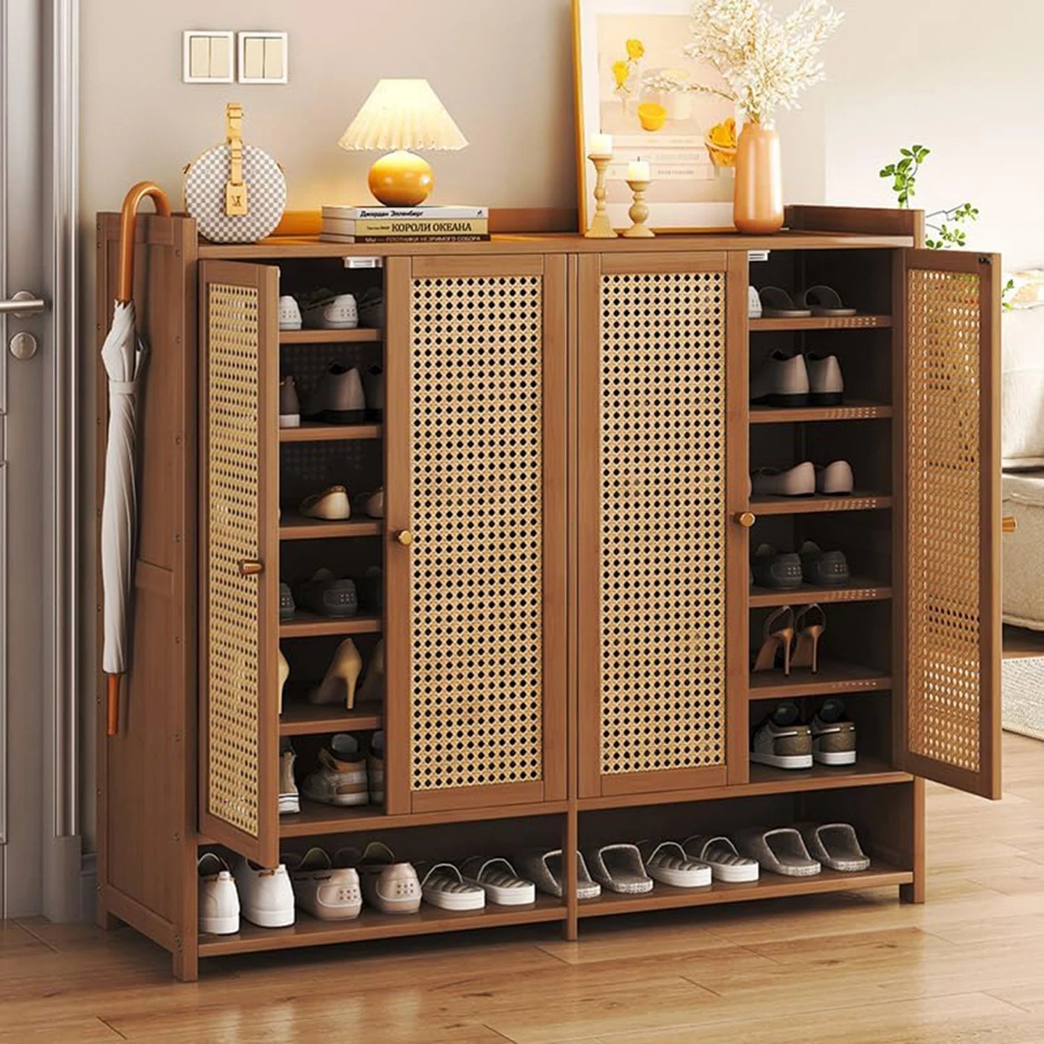 BamboStep™ 8-Tier Bamboo Shoe Storage Cabinet – Rattan Door Shoe Rack for Closet & Hallway, Holds 38-42 Pairs