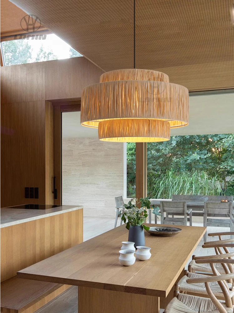 Chinese Hand-Knitted Natural Rattan Chandelier – Handmade Woven Ceiling Pendant Light for Restaurant, Café, Hotel, Homestay & Bedroom Décor