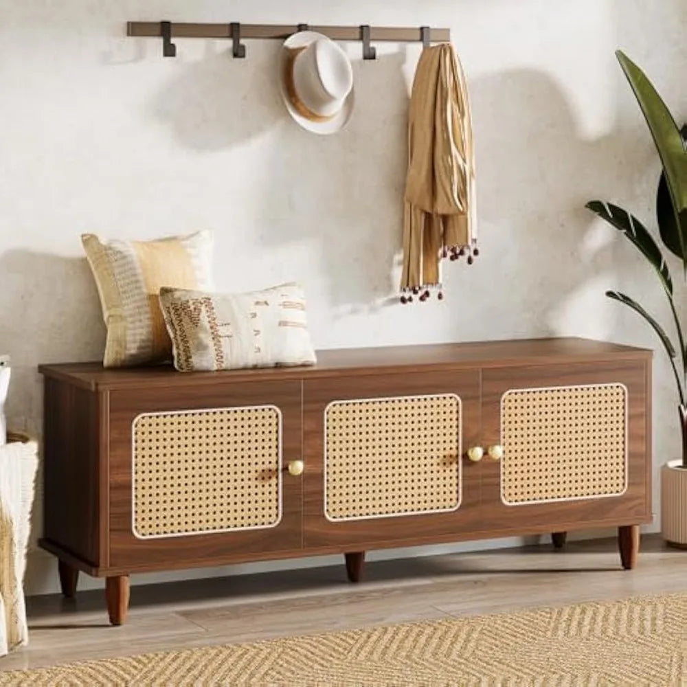 Tribesigns™ 55" Shoe Bench with Lift-Top Storage – 2-Tier Entryway Bench with Rattan Doors & Hidden Shoe Cabinet