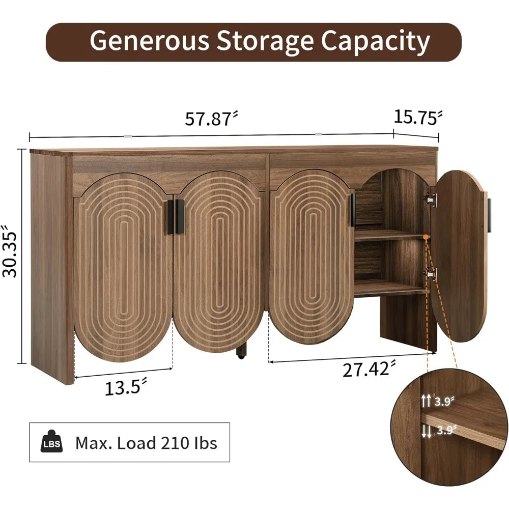 Arden™ Fluted Sideboard Cabinet – Buffet Storage with Adjustable Shelves & Carved Arc Doors