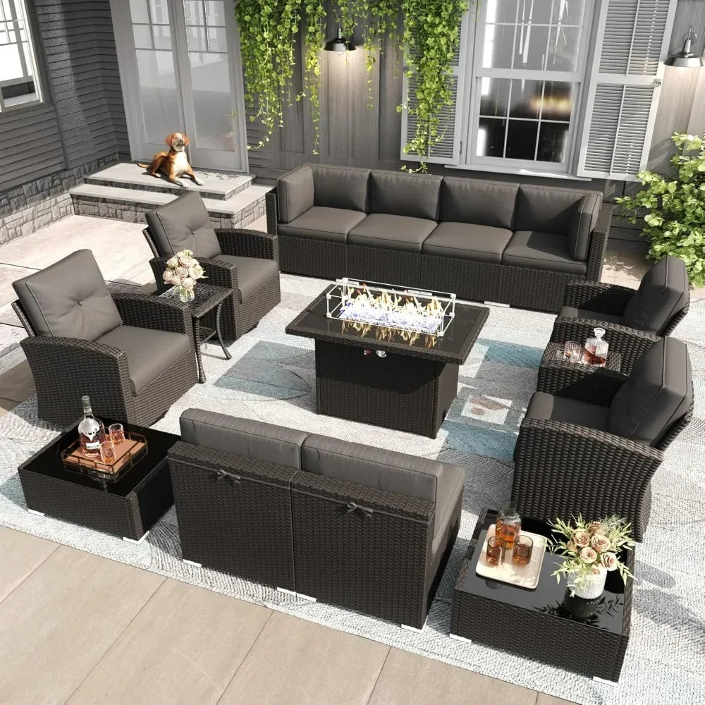 IgnisLounge™ 15-Piece Patio Furniture Set Black Rattan Modular Outdoor Sectional with Fire Pit Table — Perfect for Garden Conversations