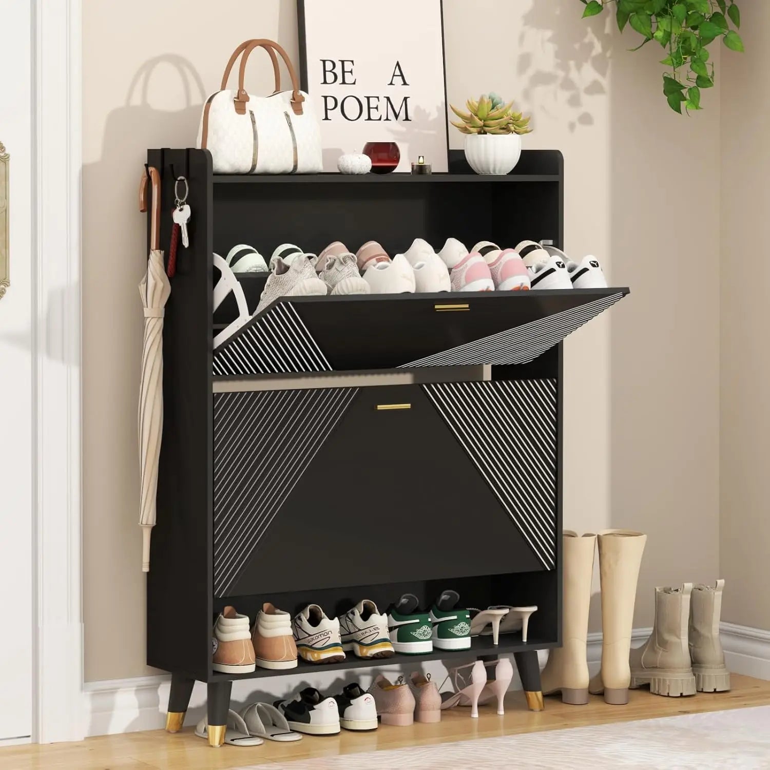 SlimFit™ 24-Pair Shoe Cabinet – Size 13 Compatible, Freestanding Organizer with 2 Flip Drawers & Built-in Coat Hooks