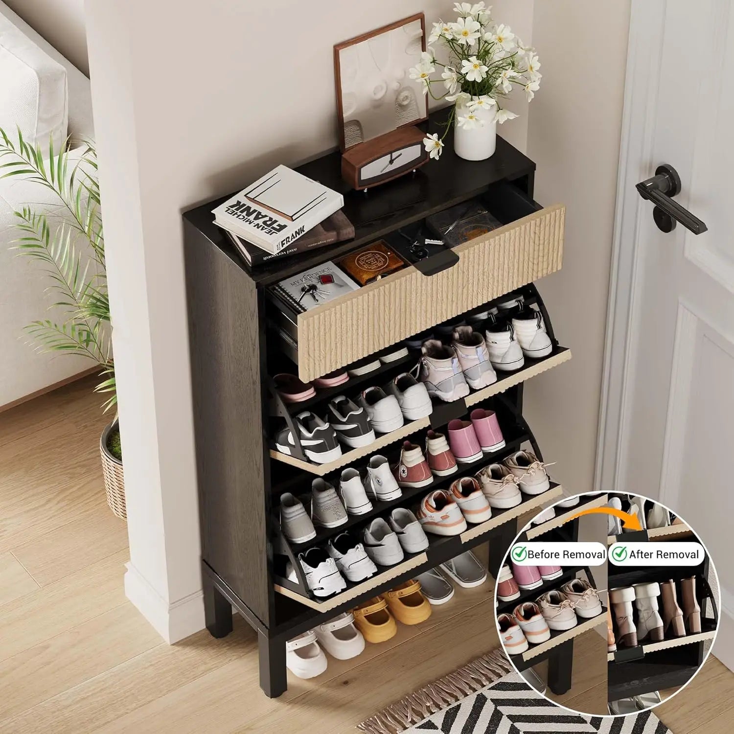 Farmhouse™ Slim Shoe Cabinet – 2 Flip Drawers, Freestanding Narrow Shoe Rack for Entryway & Hallway Storage