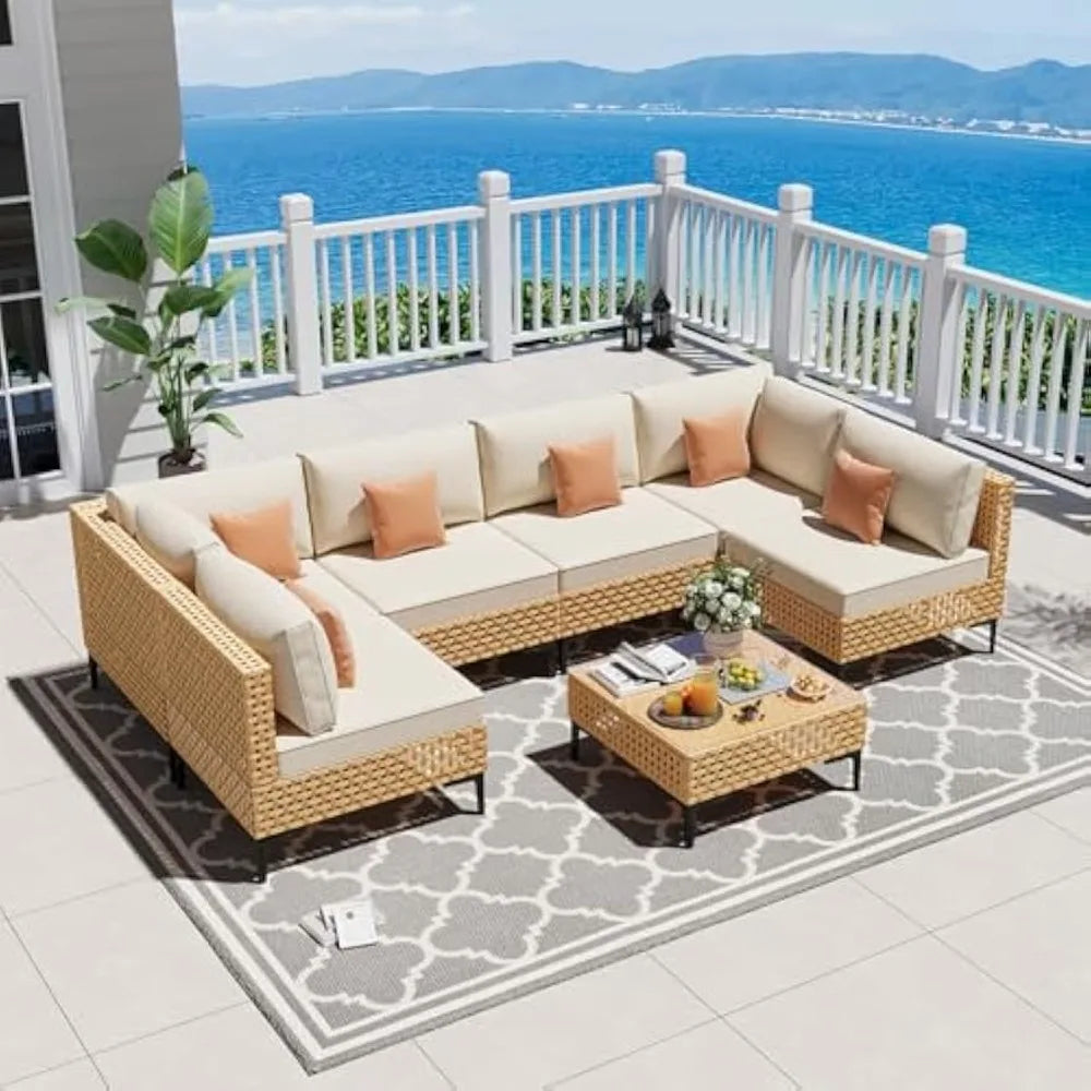 BohoWeave™ 7-Piece Wicker Patio Set 110" Large Outdoor Sectional with Coffee Table — Boho-Style Conversation Furniture for Patio & Garden