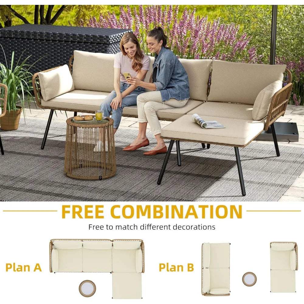 BohoLounge™ 3-Piece Patio Furniture Set L-Shaped Wicker Conversation Sectional Sofa — 4-Seater for Backyard & Porch