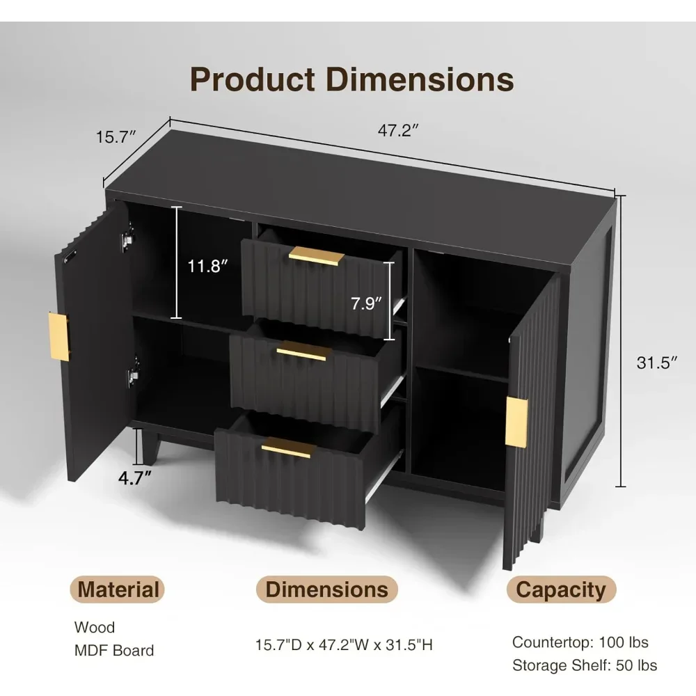 FluteCraft™ 47.2" Storage Cabinet – Mid Century Modern Buffet Sideboard with 3 Drawers & 2 Doors