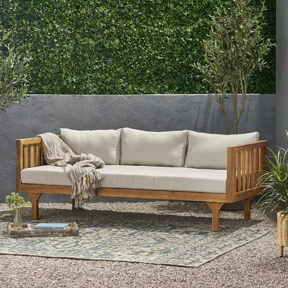 TeakLuxe™ 3-Seater Acacia Wood Daybed Outdoor Daybed with Teak Finish and Light Grey Cushions