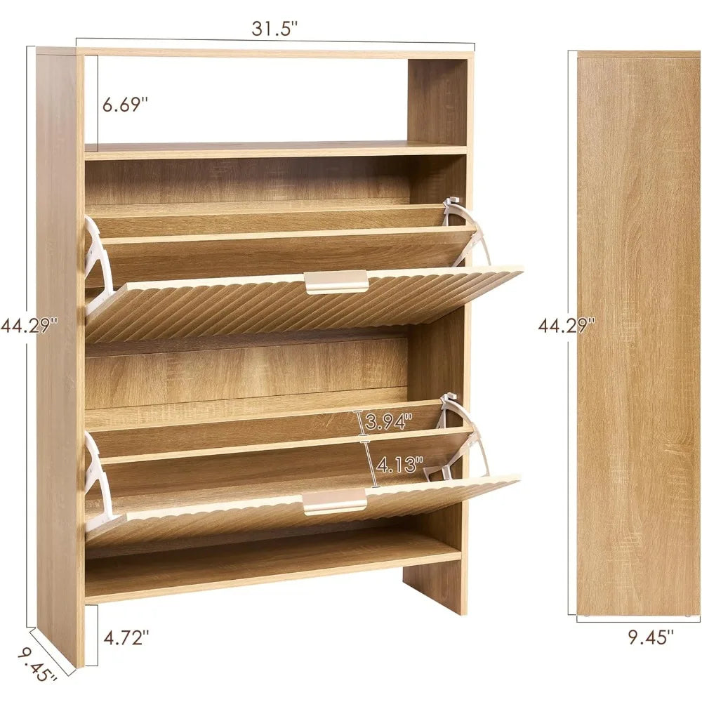 SlimStep™ Narrow Modern Shoe Organizer – Freestanding Fluted Cabinet with 2 Flip Drawers, Perfect for Entryway & Hallway Storage