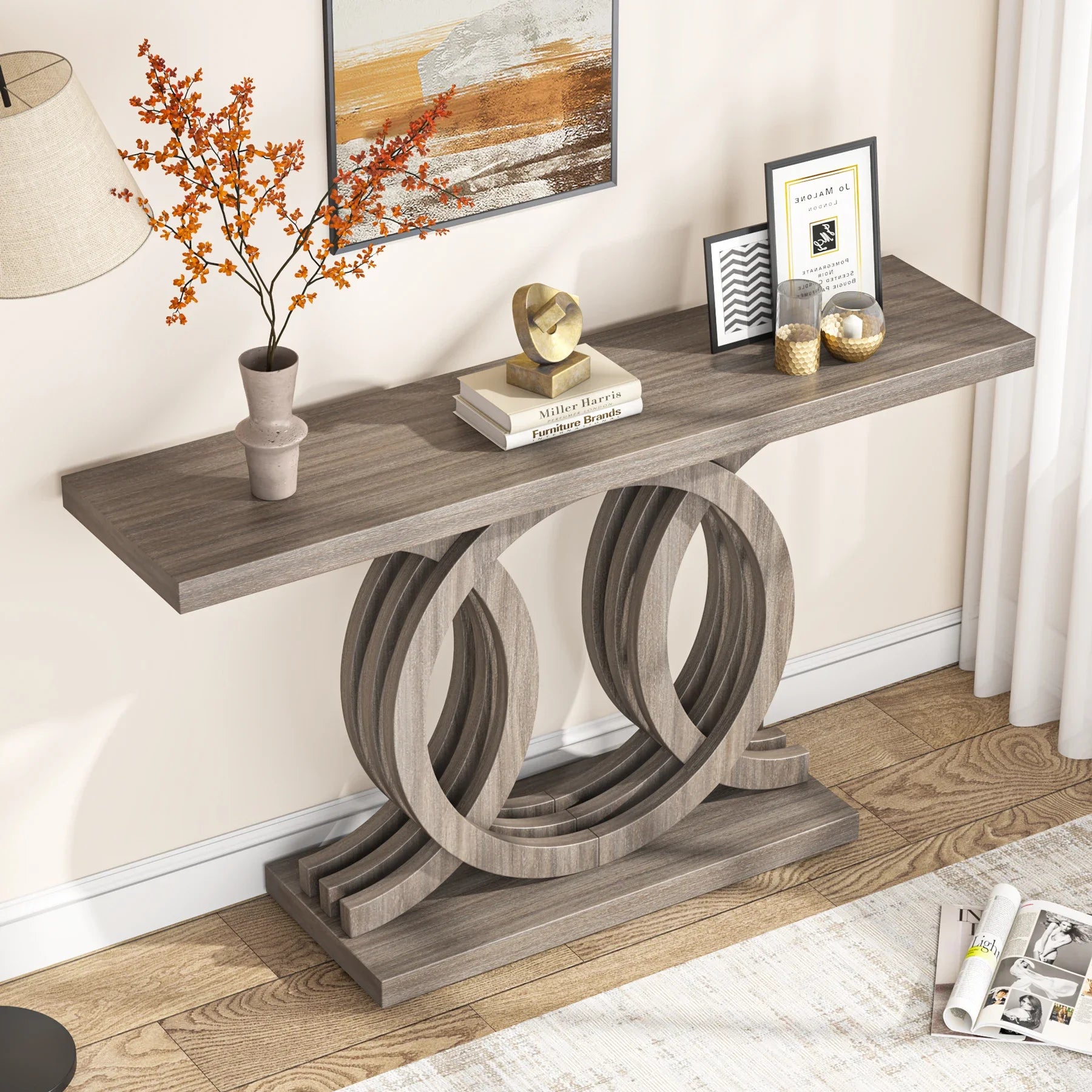 TribeFarm™ 55" Console Table – Geometric Base Farmhouse Entryway & Hallway Sofa Table, Vintage Wooden Accent