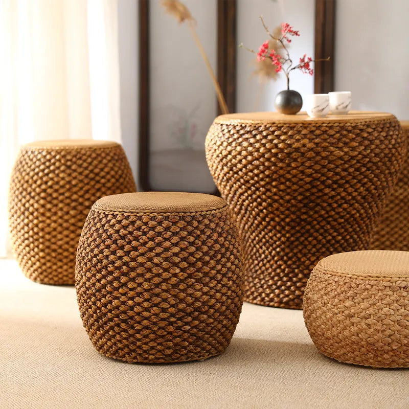 Rattonea® Round Rattan Sitting Stool – Living Room Tea Table Seat, Bedroom Makeup Bench, Guzheng & Piano Practice Chair
