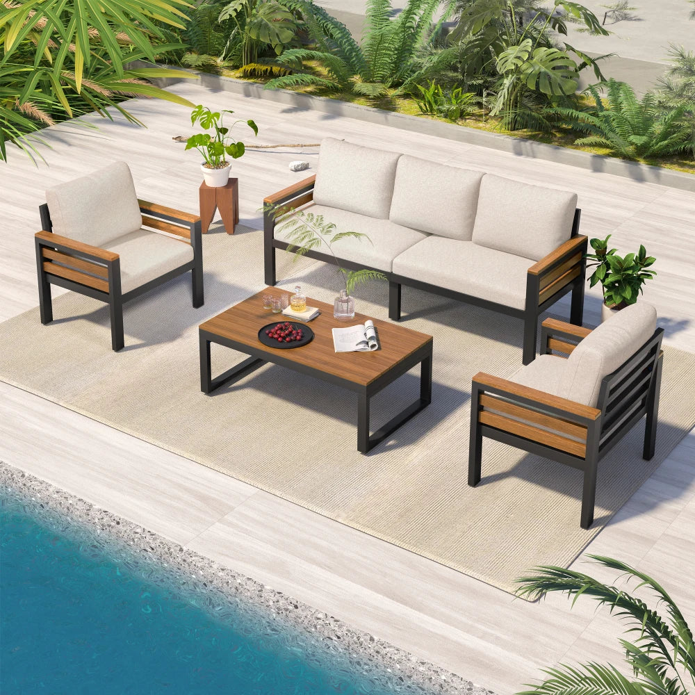 GO™ 4-Piece Outdoor Sofa Set Acacia Wood Armrests Patio Conversation Set for 5 People with Removable Cushions
