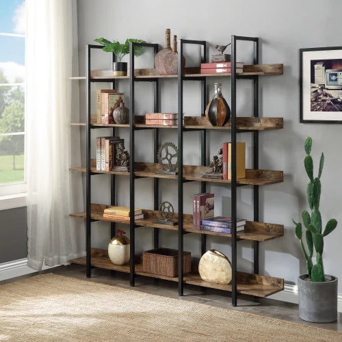 IndustroVintage™ — 5-Tier Open Shelf Bookcase with Metal Frame & MDF Wood for Home Office Organization