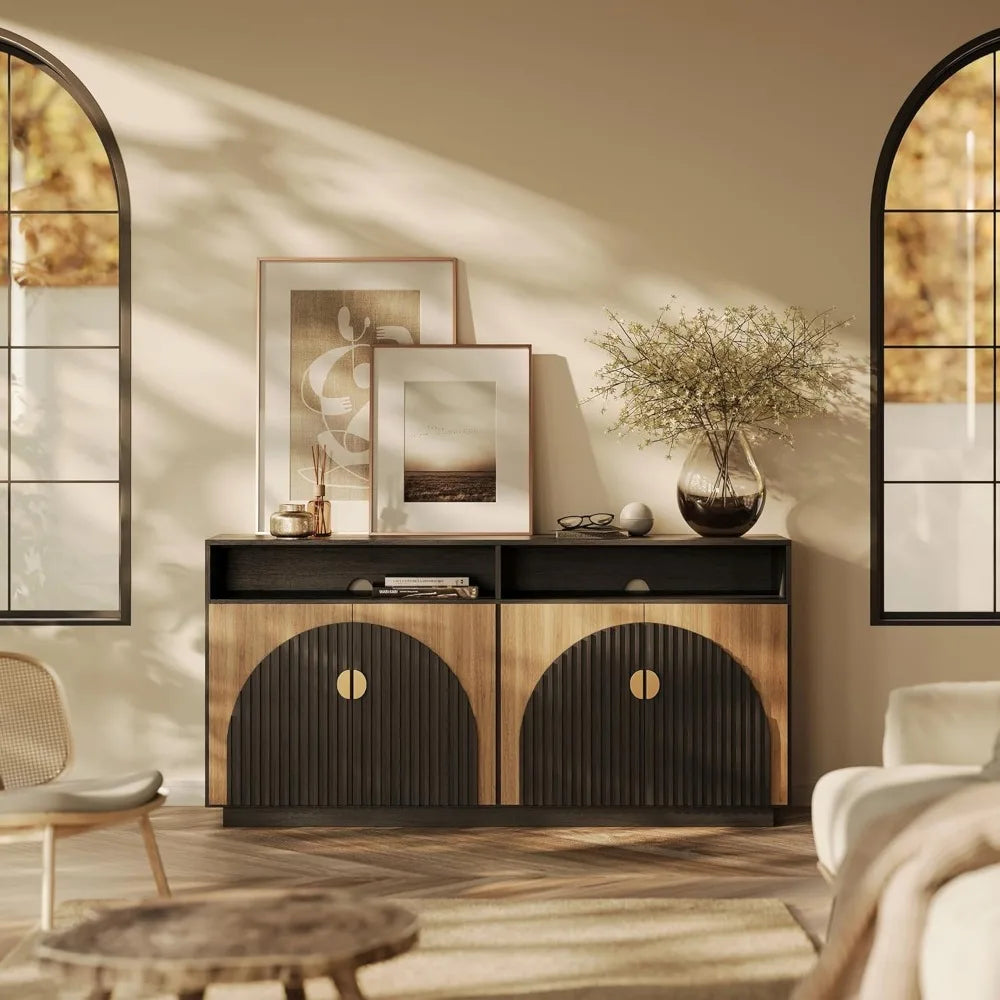 FluteCraft™ 65" Mid Century TV Stand – Modern Entertainment Center with Storage Cabinets & Open Shelves, Sleek Media Console