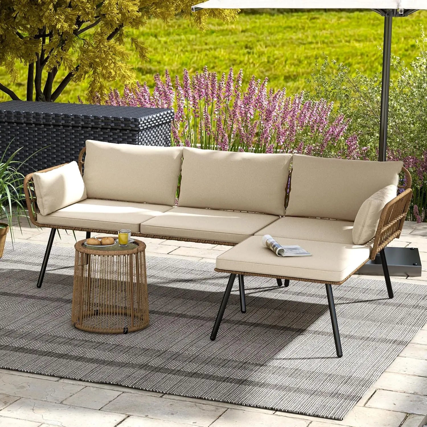 BOHOPIA™ – 3-piece wicker patio sectional sofa set, L-shaped 4-seater for backyard, porch, and boho-style outdoor living
