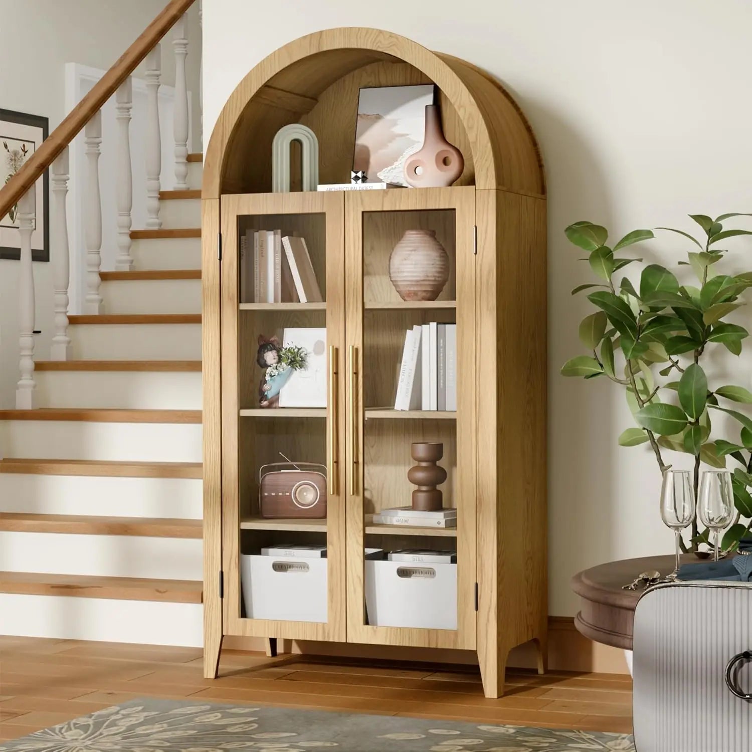 Archedon™ 63" Arched Display Cabinet – 5-Tier Glass Door Bookcase with Adjustable Shelves for Living & Dining Room