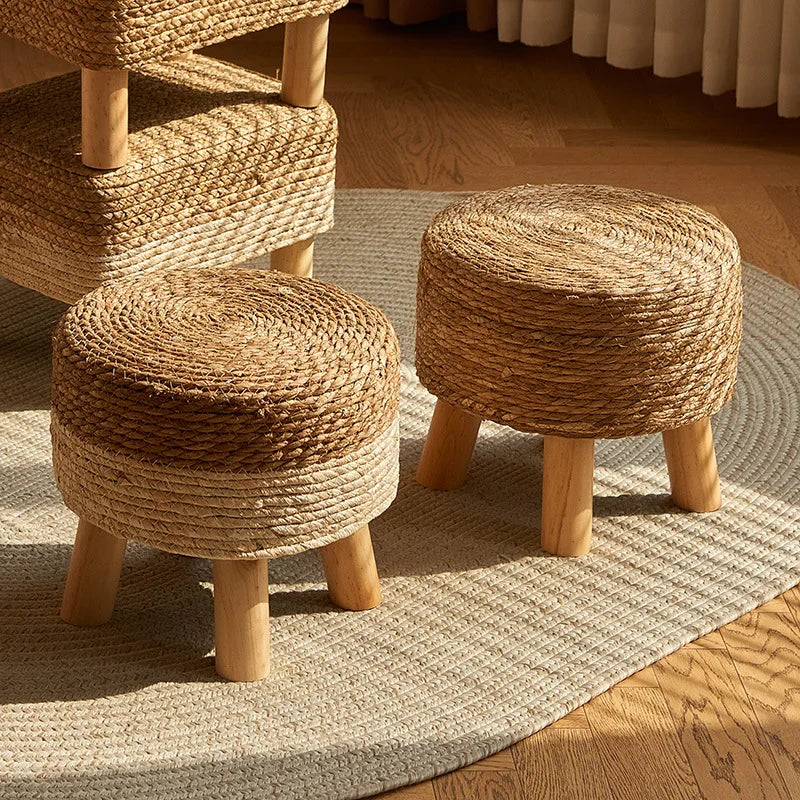 Rustora® Grass Woven Stool – Rustic Low Rattan Shoe-Changing Seat with Thickened Cushion & Wooden Base for Home Living