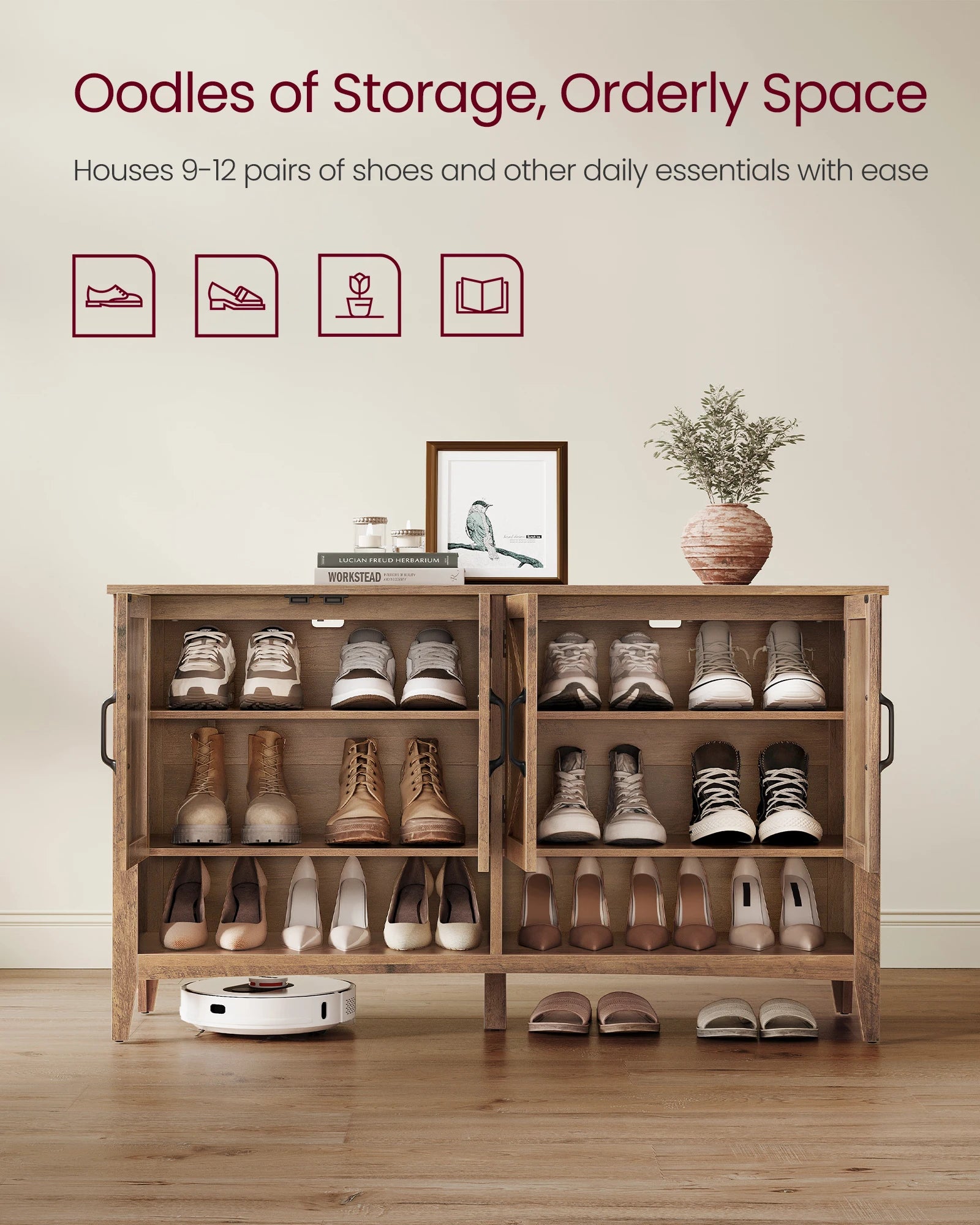 VASAGLE™ 3-Tier Farmhouse Shoe Cabinet – Adjustable Height Freestanding Shoe Storage Organizer