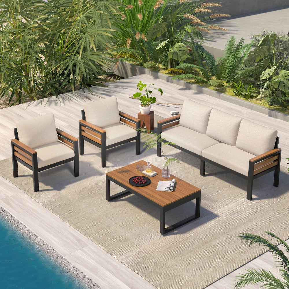 GO™ 4-Piece Outdoor Sofa Set Acacia Wood Armrests Patio Conversation Set for 5 People with Removable Cushions