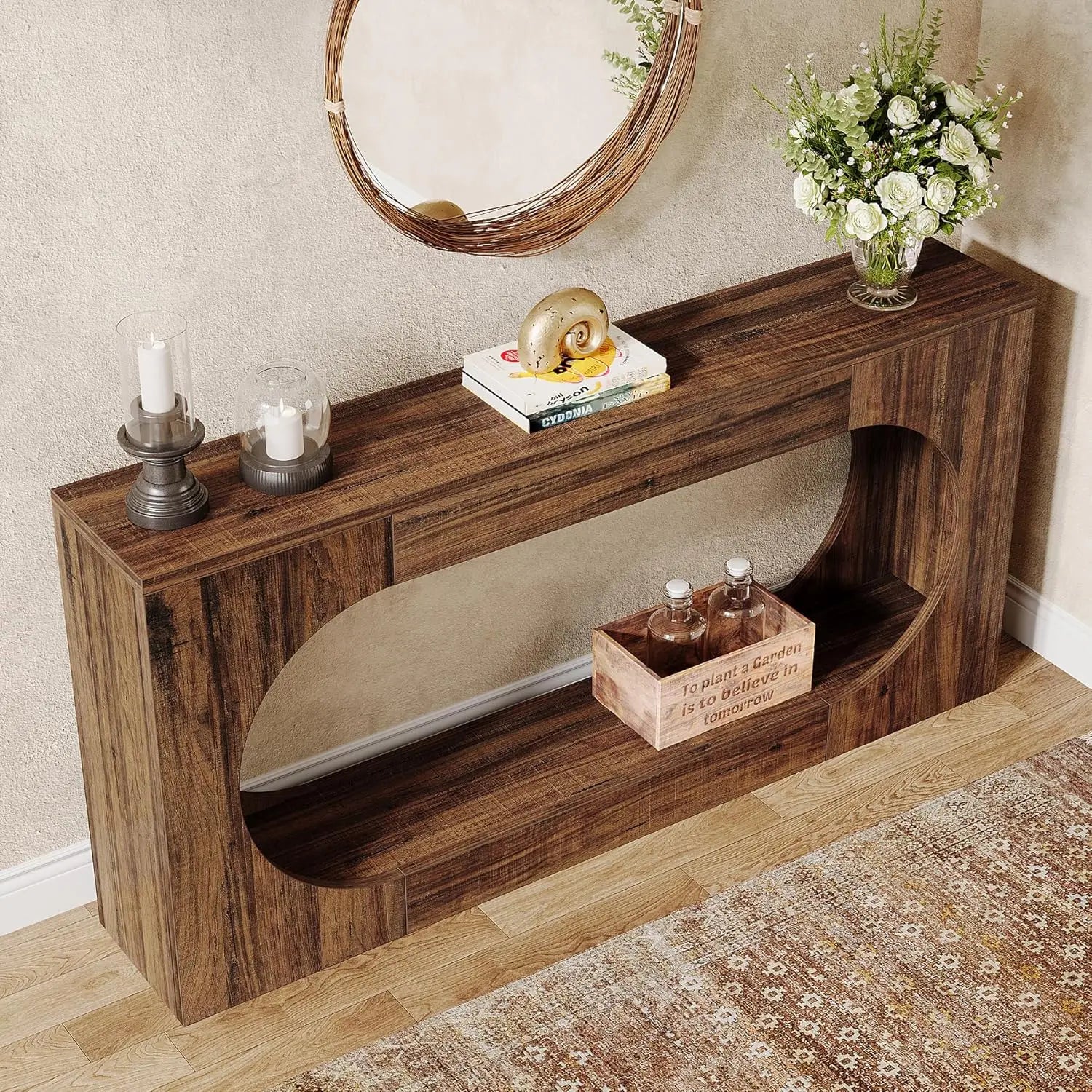 RusticNest™ 63" Narrow Console Table – Sofa Entryway Table with 2-Tier Storage Shelf, Rustic BrownDemander à ChatGPT