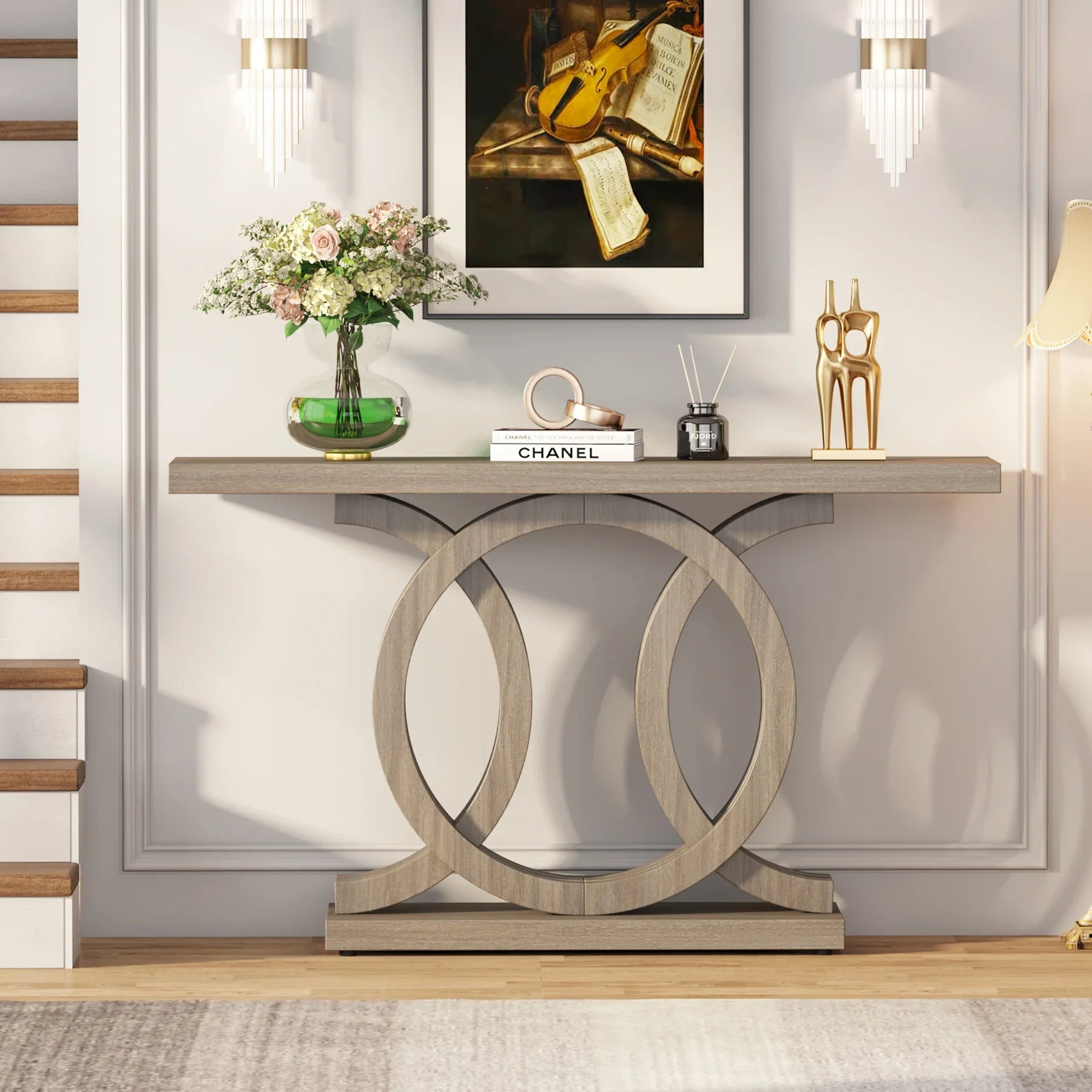 TribeFarm™ 55" Console Table – Geometric Base Farmhouse Entryway & Hallway Sofa Table, Vintage Wooden Accent