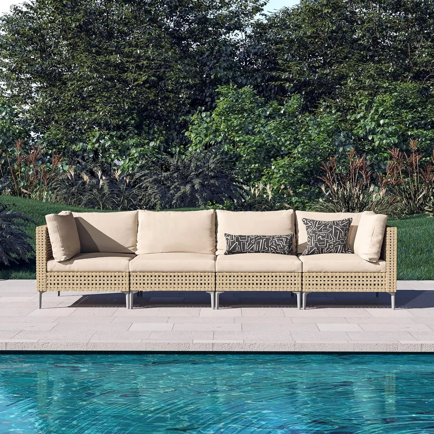 BohoBreeze™ 4-Piece Wicker Patio Set Outdoor Sectional Sofa with Water-Resistant Thick Cushions — (Coffee Table Not Included)
