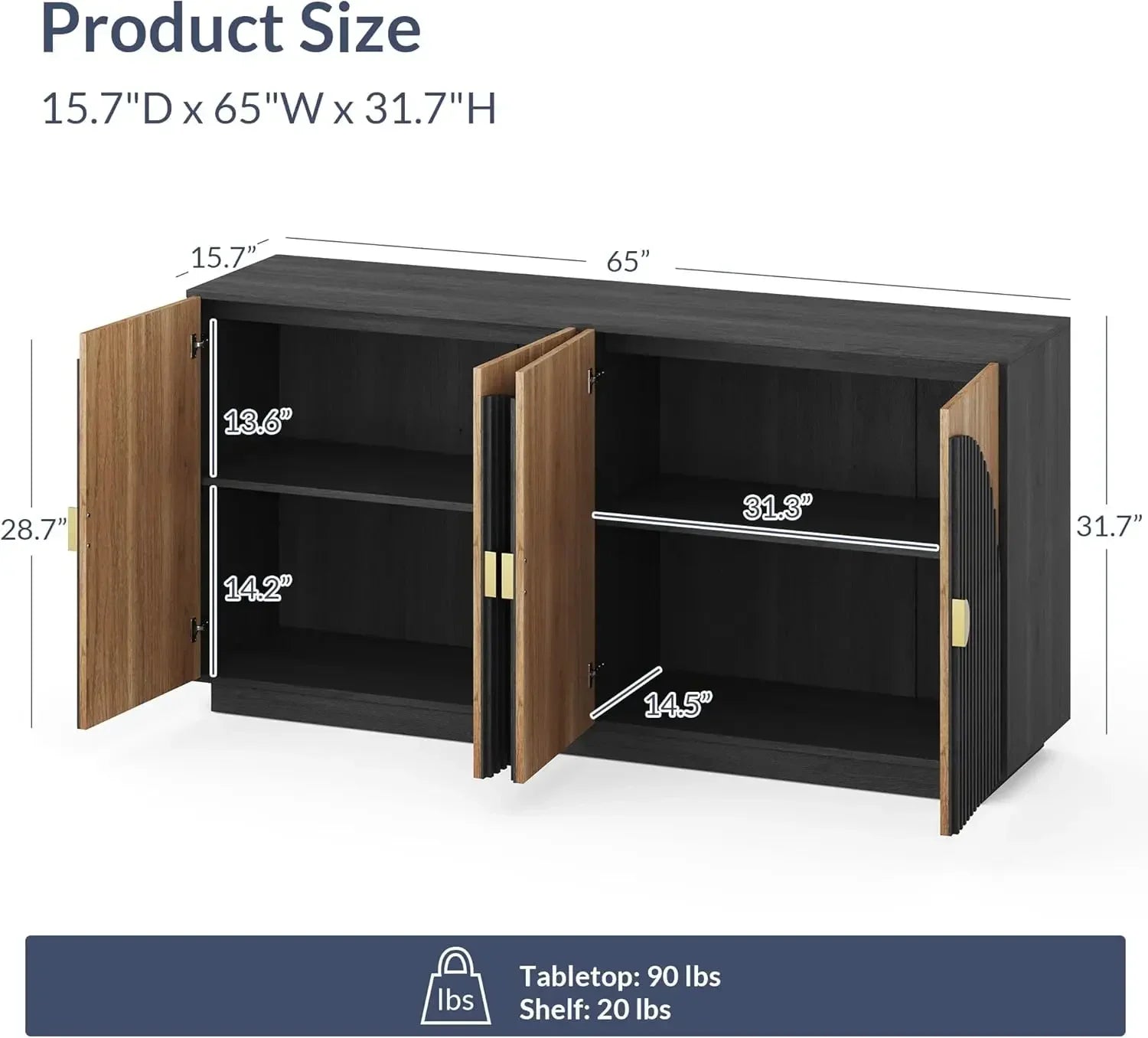 ArcLine™ 65" Fluted Buffet Cabinet – Spacious Sideboard with Storage, Symmetrical Design for Dining Room & Kitchen