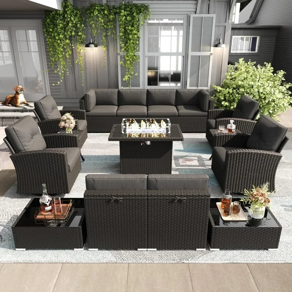 IgnisLounge™ 15-Piece Patio Furniture Set Black Rattan Modular Outdoor Sectional with Fire Pit Table — Perfect for Garden Conversations