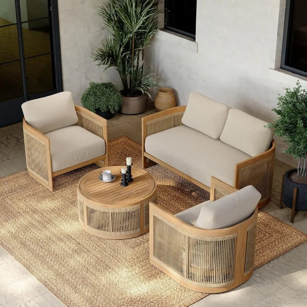 TeakaLoom™ 4-Piece Outdoor Sofa Set All-Weather Teak & Woven Rope Patio Furniture with Beige Cushions — Perfect for Garden, Deck & Backyard