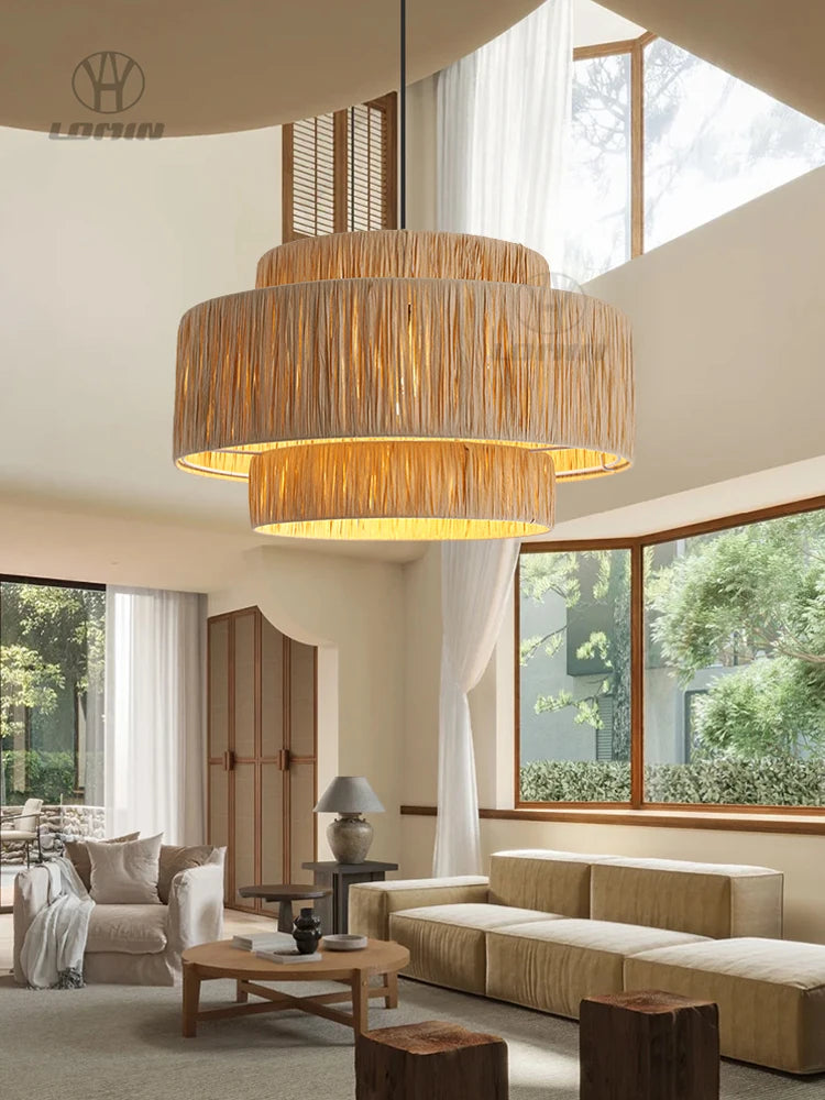 Chinese Hand-Knitted Natural Rattan Chandelier – Handmade Woven Ceiling Pendant Light for Restaurant, Café, Hotel, Homestay & Bedroom Décor