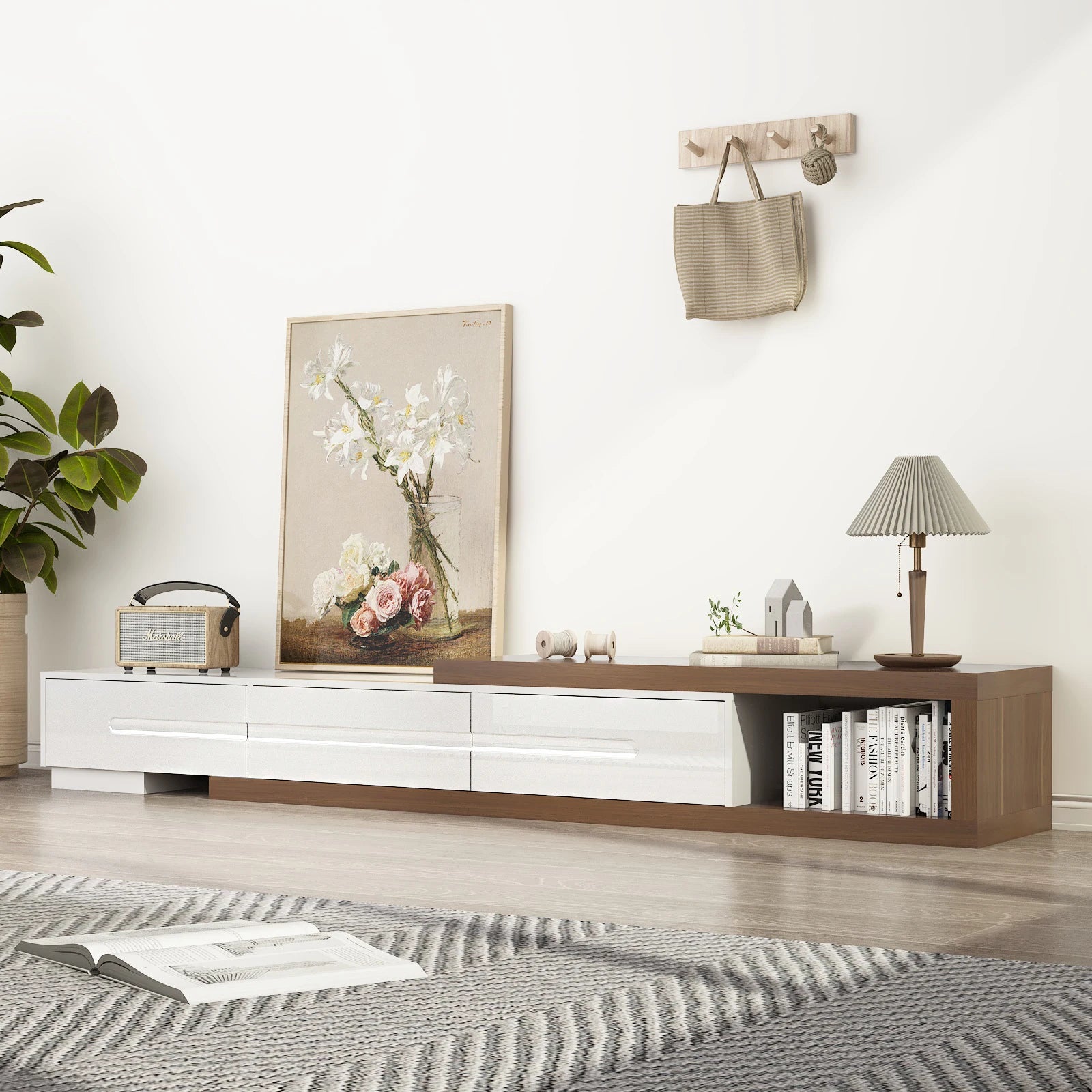FlexiView Extendable TV Stand 82-110" — Fits Up to 120" TVs, Reversible Wood Media Console with 3 Drawers & Open Shelf